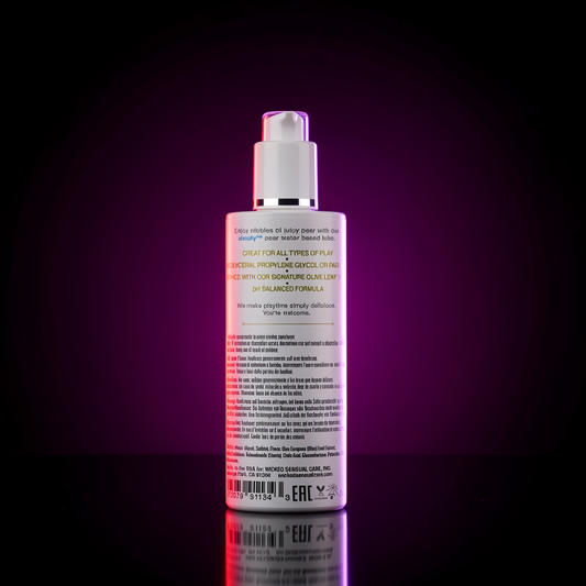 A white pump bottle of Wicked Jelle lube shown from the back, featuring a reflective silver cap and a purple glow against a black background.