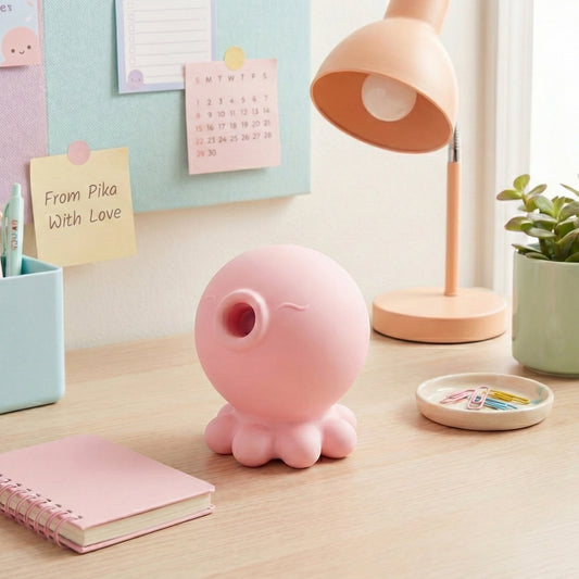 Pink octopus-shaped suction toy on desk workspace with calendar, 'From Pika with Love' note, peach-colored lamp, small plant, paper clips in dish, and pink spiral notebook