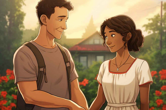 anime illustration of middle aged mixed race couple holding hands looking at each other lovingly