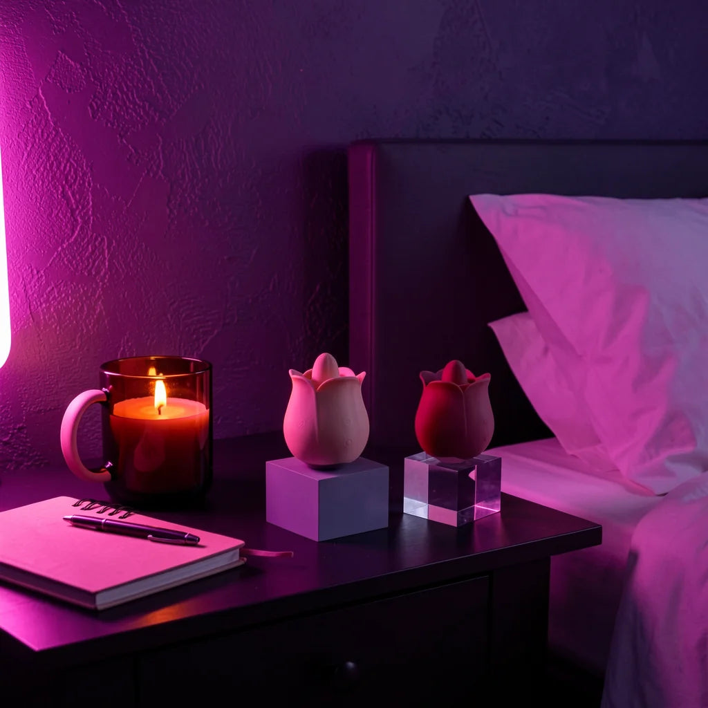 Two tulip-shaped clit licking vibrators, one pale pink and one dark red, displayed on a dark bedside table next to a lit candle, notebook, and bed in a dimly lit bedroom under purple ambient lighting.