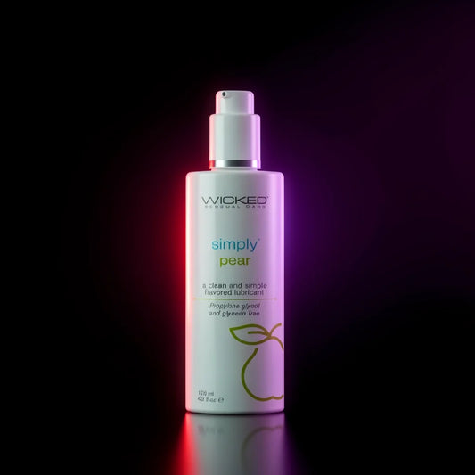 A bottle of Wicked London Simply Pear Flavored Lubricant, featuring a white bottle with a white pump dispenser, set against a dark background with a purple and red glow effect.