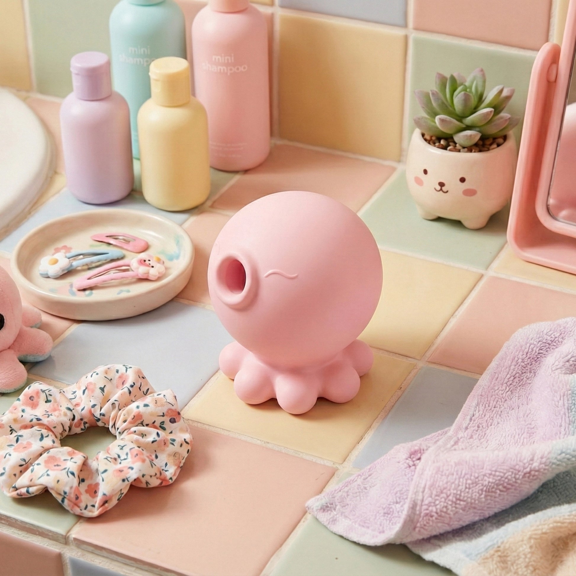 Pink octopus-shaped suction toy displayed on a pastel bathroom counter alongside mini shampoo bottles in mint, yellow, and pink, hair accessories in a dish, a small succulent in a cat-shaped planter, and folded towels
