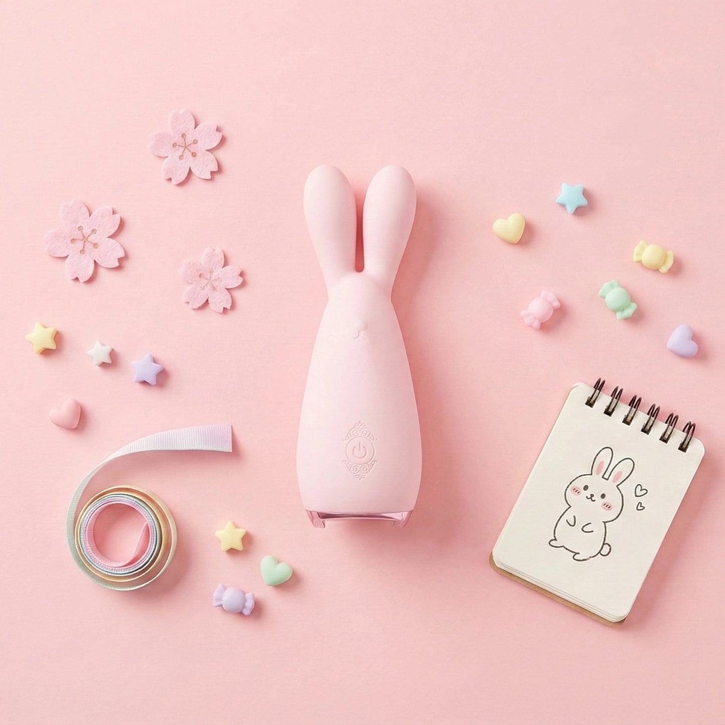 Pink rabbit vibrator flatlay with cherry blossoms, pastel star confetti, rainbow washi tape, and kawaii bunny notebook