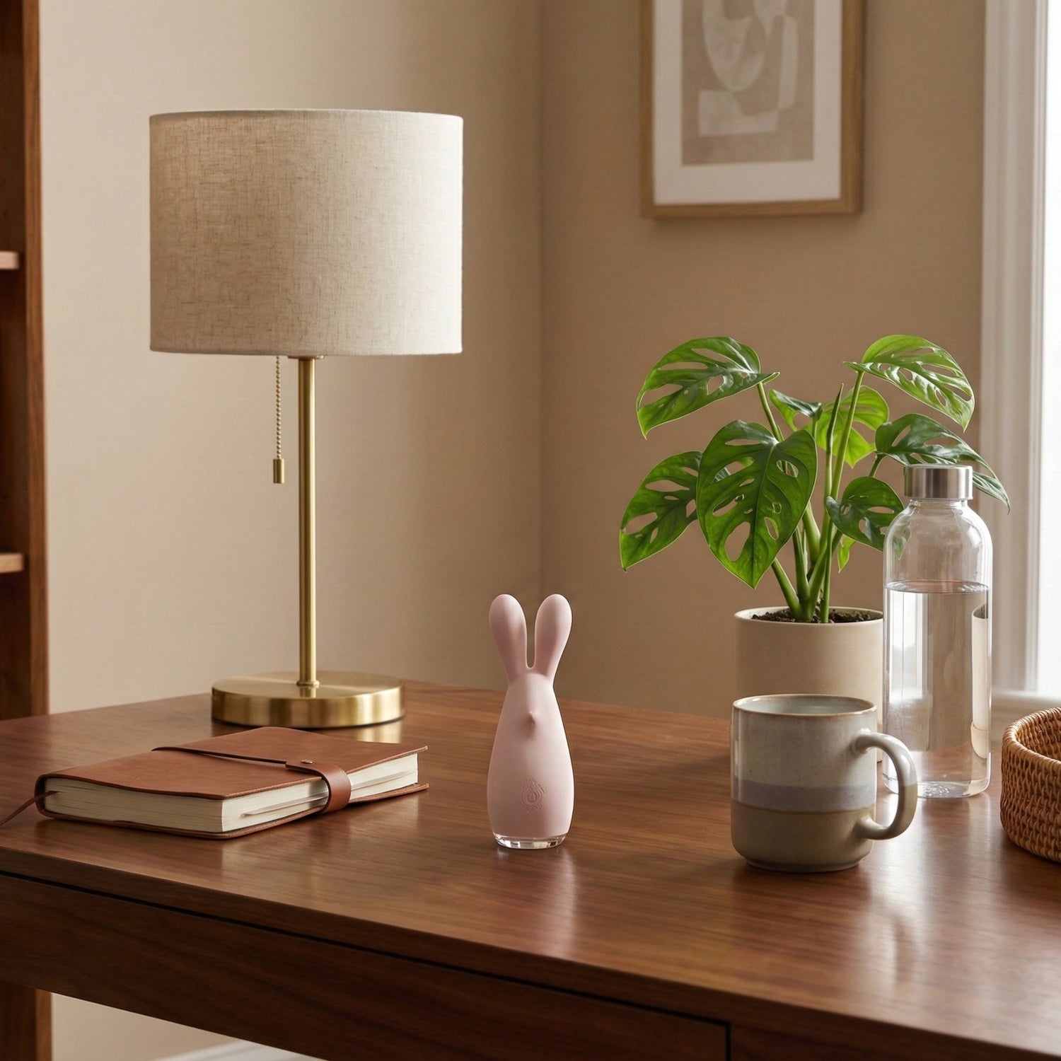 Pink bunny dual motor vibrator on wooden desk with brass lamp, monstera plant, coffee mug, water bottle, journal