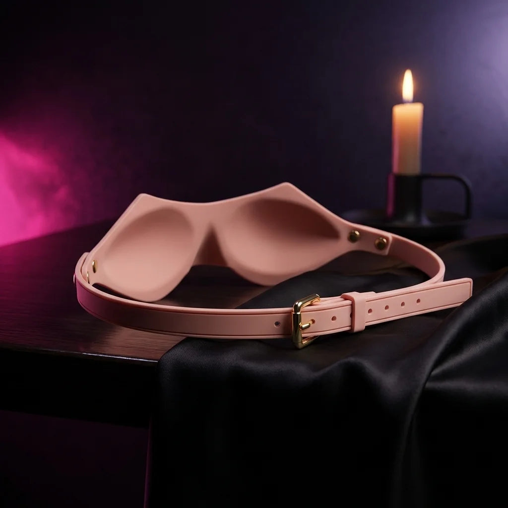 Blush pink padded blindfold with a gold buckle on black silk