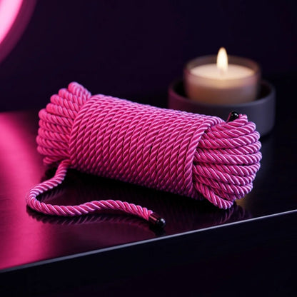 Coil of hot pink rope on a dark shelf