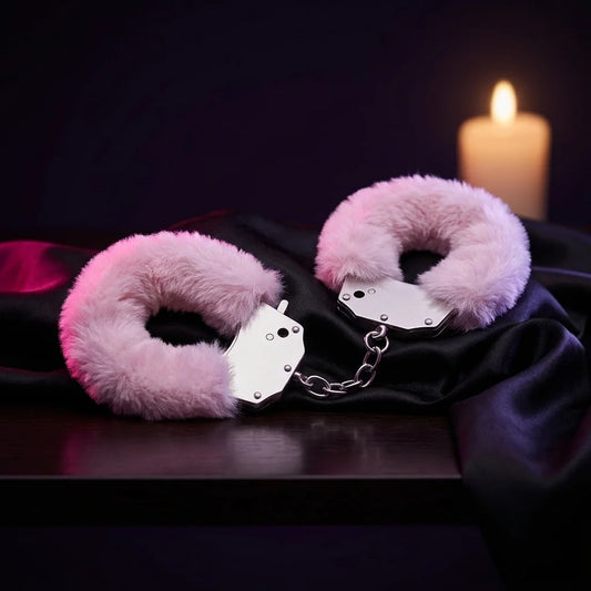Pink fluffy handcuffs on black satin