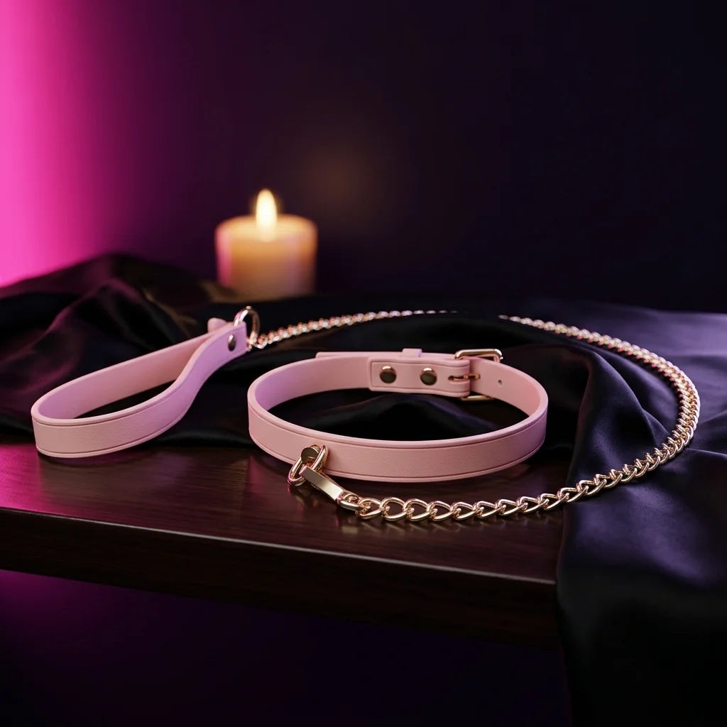 Blush pink collar and gold chain leash on black silk
