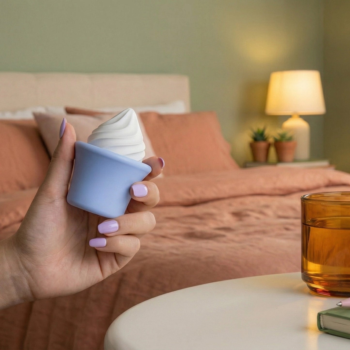 Hand with lavender nails holding blue Sprinkles cone vibrator sex toy in bedroom with peach bedding, amber glass, lamp